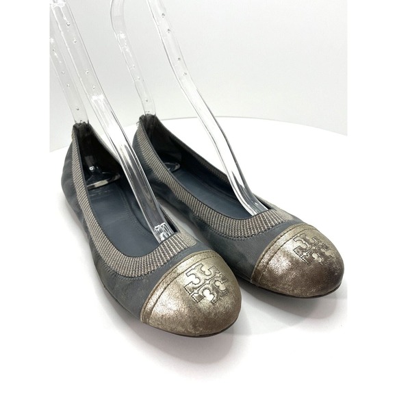 Tory Burch Gabby Cap Toe Scrunch Flat Gunmetal / Silver Ballet Flat Size 8.5 - Picture 1 of 11